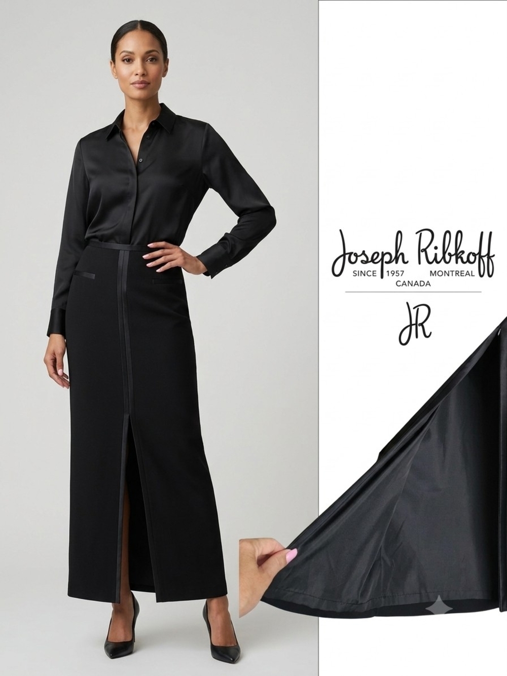 Elegant black tuxedo maxi skirt by Joseph Ribkoff
